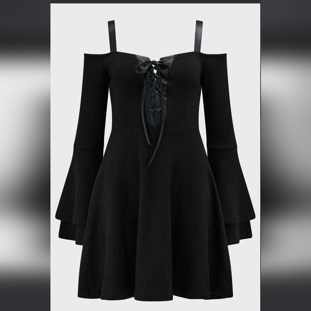 Killstar Black Lace-Up Flared Sleeve Dress - Picture 2 of 9